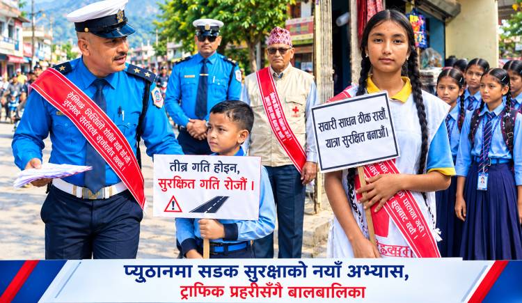 प्युठानमा सडक सुरक्षाको नयाँ अभ्यास,ट्राफिक प्रहरीसँगै बालबालिका